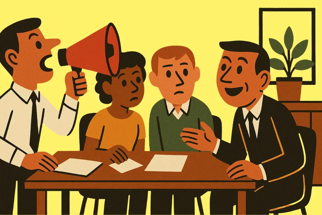 Besprechung im Büro: Eine Person ruft durch ein Megafon; der Manager hört begeistert zu, zwei Kolleg*innen schauen sich irritiert an. Flache Mid-Century-Optik, kräftige Vollfarben.