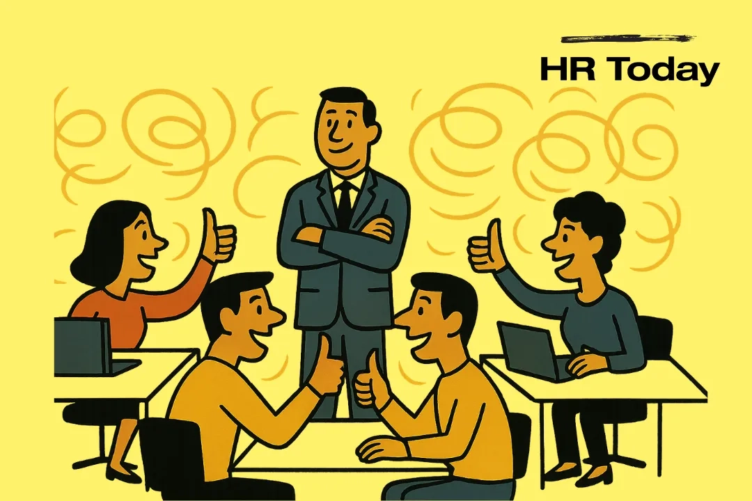 Das Bild ist eine Illustration, die eine positive Szene in einem Büro zeigt: Alle sind zufrieden, alles läuft, Mitarbeitende wie Manager lächeln.