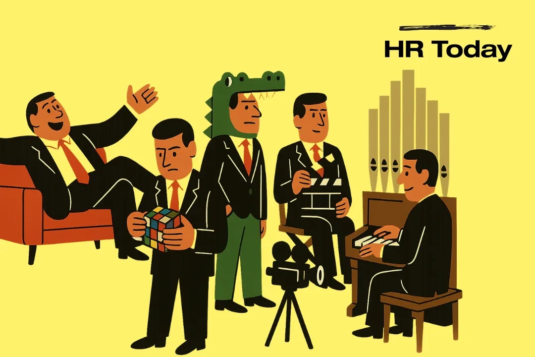 Eine Illustration, die einen Boss auf dem Sofa zeigt, einen Boss mit Krokodilskostüm, einen Boss, der einen Rubik's Cube löst, einen im Director's Seat mit Filmklappe und einen an der Kirchenorgel.