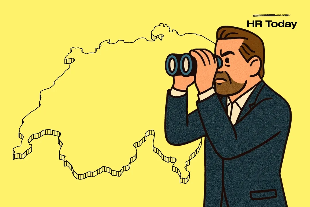 Das Bild zeigt eine Illustration des Interviewpartners. Er sieht durch einen Feldstecher auf die Schweizer Karte.