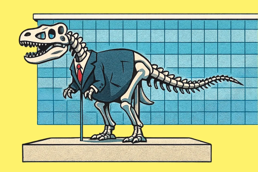Illustration eines Dinosaurierskeletts auf einem Podest, das einen Anzug mit roter Krawatte trägt; im Hintergrund ein hellblaues Bürogebäude mit kachelartiger Fensterfassade vor gelbem Hintergrund.