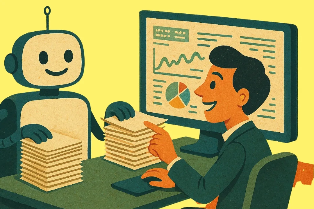 Illustration eines fröhlich wirkenden Roboters und eines Geschäftsmannes an einem Schreibtisch, die gemeinsam Papierstapel bearbeiten. Im Hintergrund ist ein grosser Bildschirm mit Diagrammen und Datenvisualisierungen zu sehen, darunter ein Liniendiagramm und ein Kreisdiagramm. Die Szene symbolisiert Zusammenarbeit zwischen Mensch und künstlicher Intelligenz bei der Datenverarbeitung.