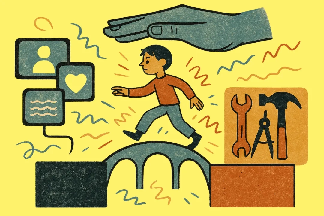 Illustration einer Person, die über eine Brücke von einem dunklen zu einem hellen Block läuft, umgeben von Symbolen für Kommunikation, Fürsorge und Werkzeuge. Eine schützende Hand schwebt über der Person, links sind Icons für Profil, Herz und Textnachrichten zu sehen, rechts Symbole für Werkzeuge wie Schraubenschlüssel, Zirkel und Hammer. Der Hintergrund ist gelb mit abstrakten Linien.