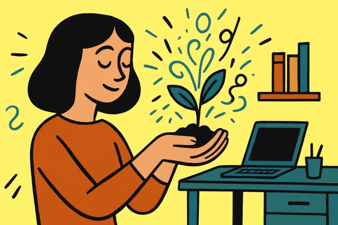Illustration einer Frau mit dunklen Haaren in einem orangefarbenen Pullover, die lächelnd eine kleine Pflanze mit Erde in den Händen hält; im Hintergrund ein Schreibtisch mit Laptop, Bücherregal und gelbem Hintergrund mit dekorativen Symbolen.