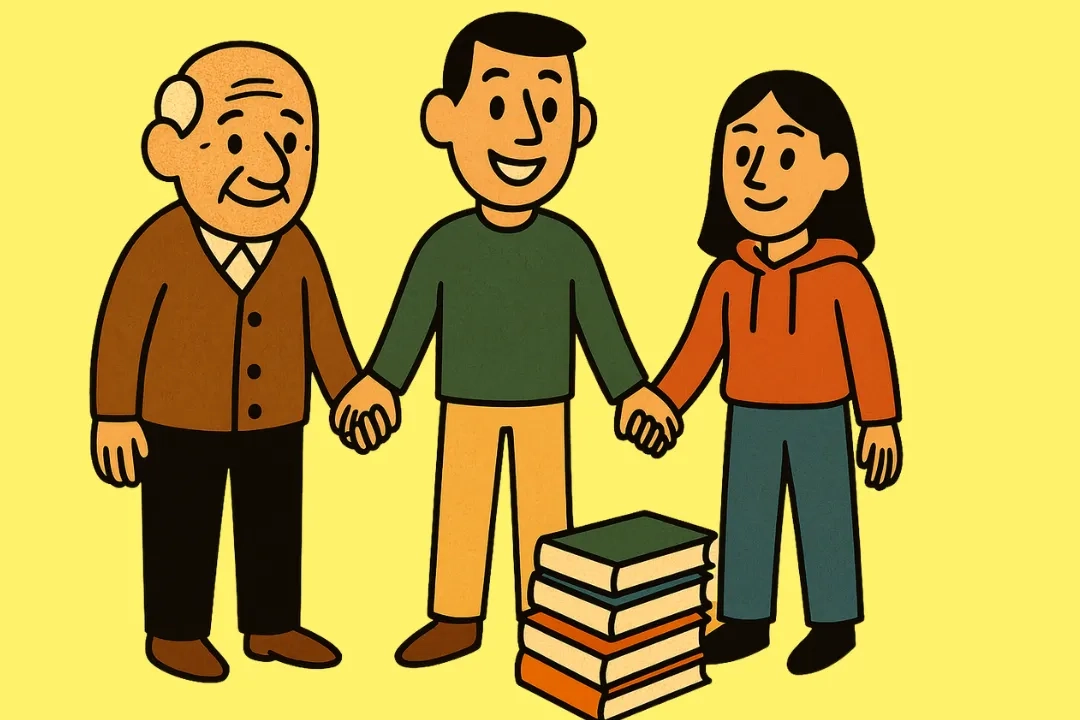 Illustration von drei Personen aus verschiedenen Generationen – ein älterer Mann, ein jüngerer Mann und eine junge Frau – die sich an den Händen halten. Vor ihnen liegt ein Stapel Bücher. Der Hintergrund ist gelb und schlicht gehalten.