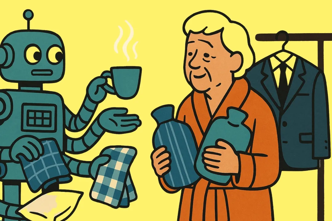 Illustration eines Roboters, der einer älteren Person in einem Bademantel hilft. Der Roboter hält eine dampfende Tasse, zwei Handtücher und ein Kissen, während die Person zwei Wärmflaschen trägt und lächelt. Im Hintergrund hängt ein Anzug an einem Kleiderständer. Der Hintergrund ist gelb, der Stil ist einfach und farbenfroh.