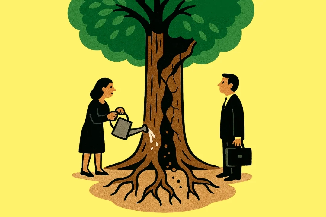 Illustration eines grossen Baums mit einem tiefen Riss im Stamm. Eine Frau auf der linken Seite giesst den Baum mit einer Giesskanne, während ein Mann im Anzug mit Aktentasche auf der rechten Seite steht und den Baum betrachtet. Die Szene spielt auf gelbem Hintergrund und symbolisiert die Tatsache, dass man auch bei Wachstum noch giessen muss.