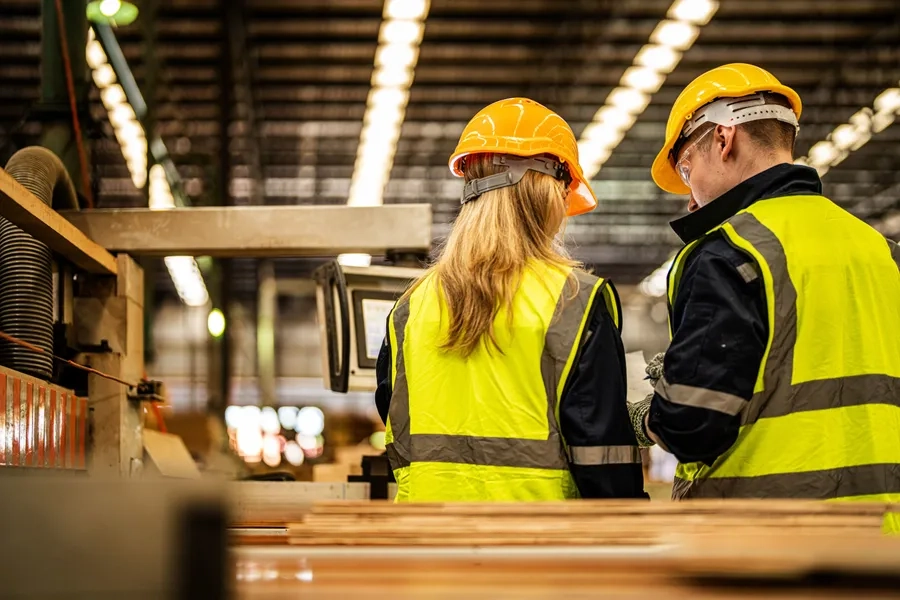 Une jeune femme et un homme dans une usine