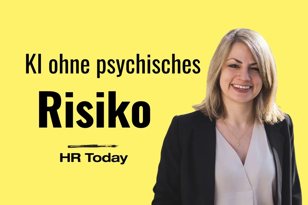Titelbild mit HR Today Logo, ausserdem eine blonde lachende Frau mit Blazer und Bluse. Titel "KI ohne psychisches Risiko"