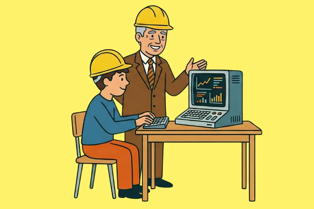 Illustration im flächigen Comic-Stil auf gelbem Hintergrund: Ein junger Mann mit gelbem Bauhelm sitzt an einem Schreibtisch und tippt auf einer Tastatur, die an einen klobigen Retro-Computerbildschirm mit Diagrammen angeschlossen ist. Hinter ihm steht ein älterer Mann im braunen Anzug, der ebenfalls einen Bauhelm trägt und erklärend auf den Bildschirm zeigt.
