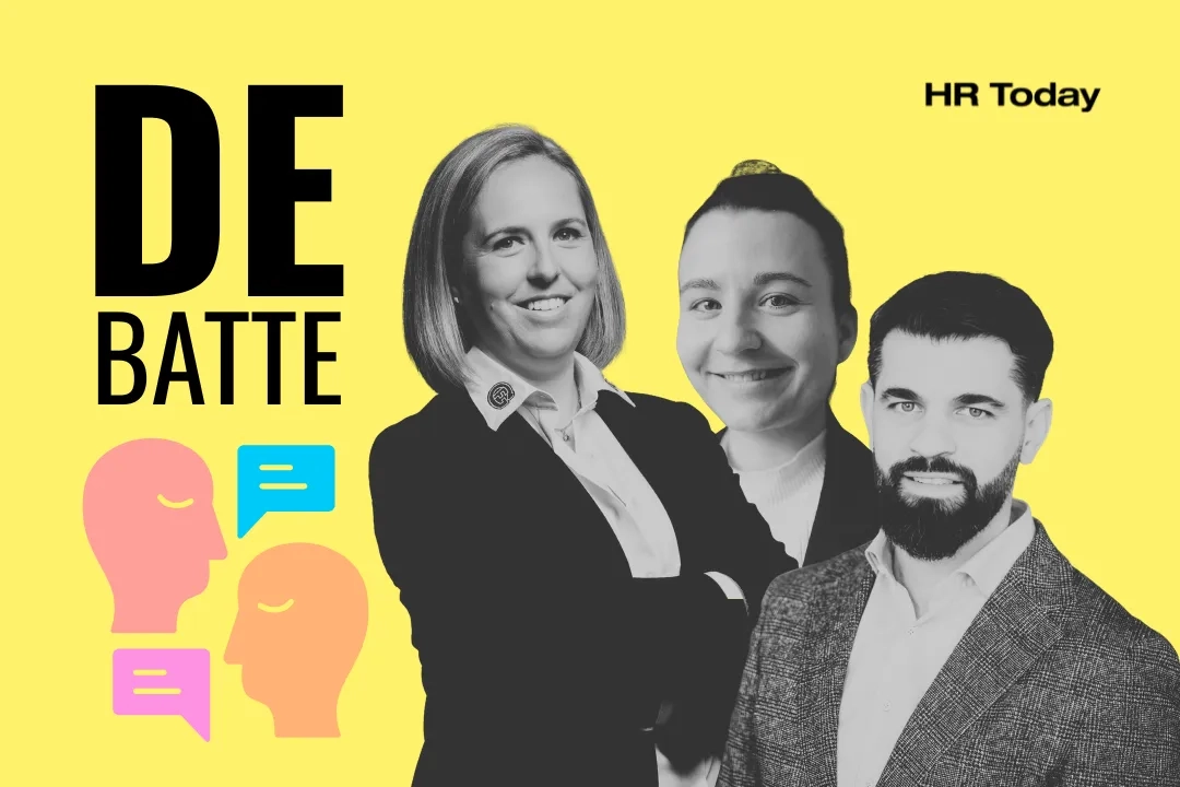 Das Teaserbild zeigt die drei debattierenden Personen (im Artikel näher beschrieben). Ausserdem das Formatlogo "Debatte" und das Logo von HR Today.