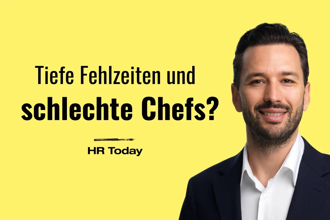 Porträt von Simon Michel. Er trägt ein dunkles Sakko über einem offenen weißen Hemd, hat dunkles, nach hinten gekämmtes Haar sowie einen gepflegten Bart und blickt lächelnd direkt in die Kamera vor einem hellen, neutralen Hintergrund. Dazu der Bildtitel "Tiefe Fehlzeiten und schlechte Chefs?", darunter das Logo von HR Today.