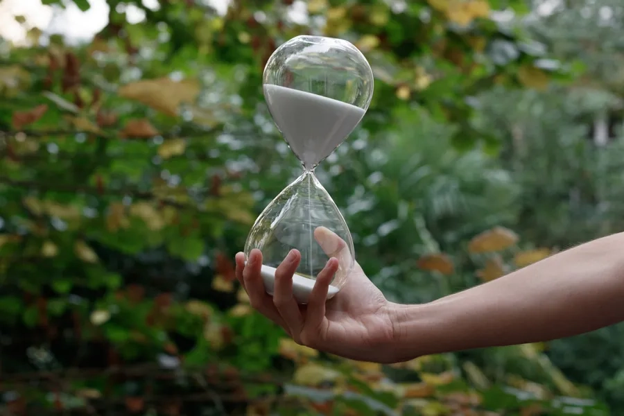 Un sablier en verre tenu devant un fond végétal