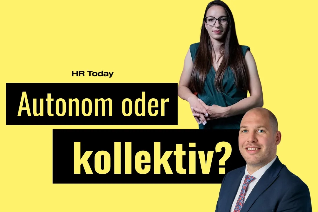 Teasergrafik auf gelbem Hintergrund, zwei Personen. Dazu der Schriftzug "Autonom oder kollektiv?"