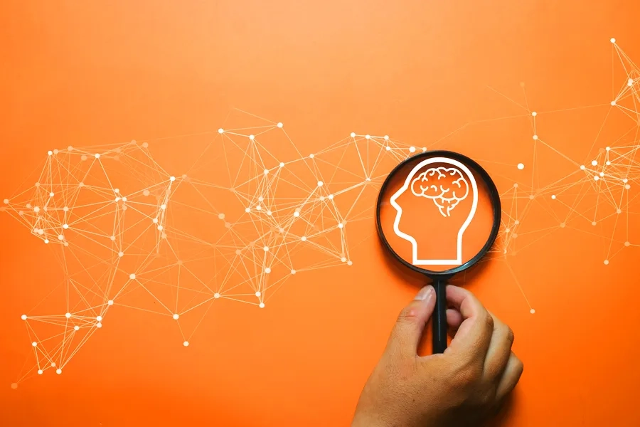 Une loupe tenue à la main, focalisée sur une illustration d'un cerveau