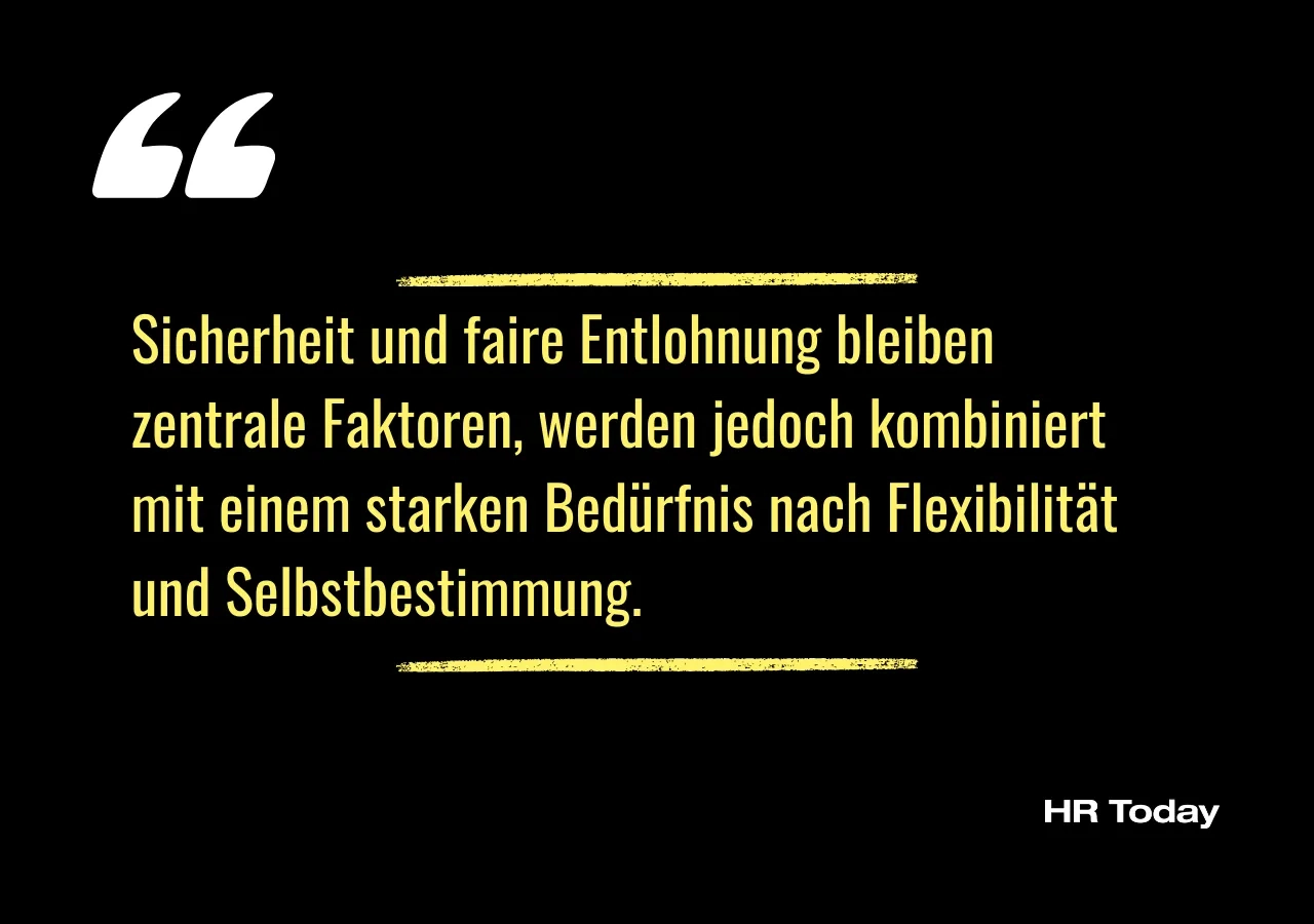 Artikelzitat: Sicherheit und faire Entlohnung bleiben zentrale Faktoren, werden jedoch kombiniert mit einem starken Bedürfnis nach Flexibilität und Selbstbestimmung. 