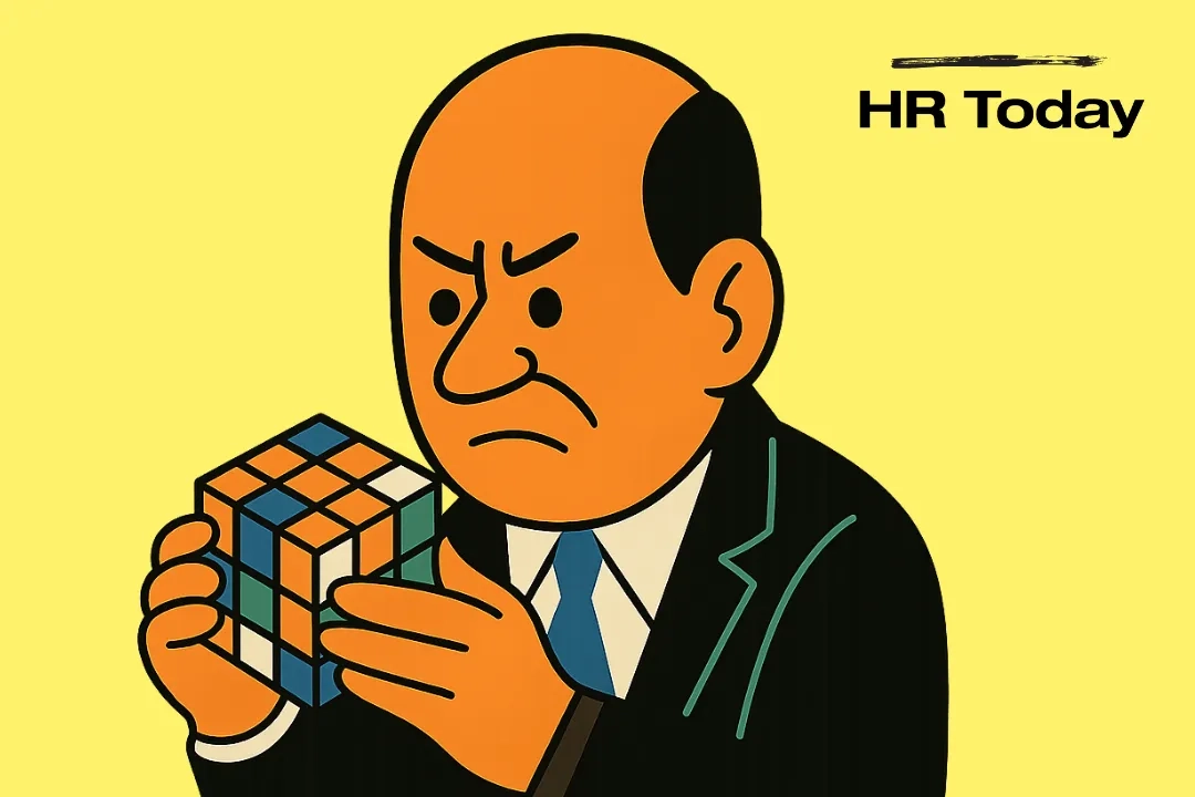 Ein grimmig blickender Manager hält einen Rubik’s Cube nahe vor das Gesicht und grübelt; flache Mid-Century-Optik auf gelbem Grund, «HR Today»-Logo oben rechts.