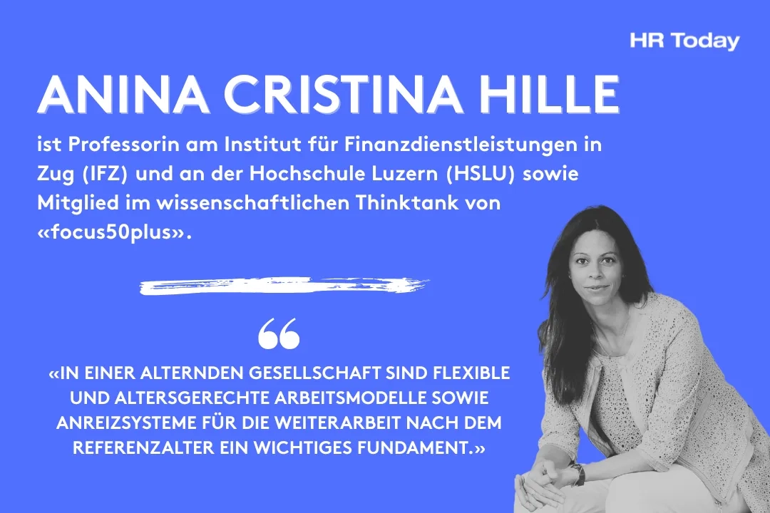 Porträt einer Frau vor blauem Hintergrund. Links im Bild steht in grossen weissen Buchstaben „Anina Cristina Hille“. Darunter in kleinerer Schrift: „ist Professorin am Institut für Finanzdienstleistungen in Zug (IFZ) und an der Hochschule Luzern (HSLU) sowie Mitglied im wissenschaftlichen Thinktank von ‹focus50plus›.“ Weiter unten ein Zitat in Grossbuchstaben: «In einer alternden Gesellschaft sind flexible und altersgerechte Arbeitsmodelle sowie Anreizsysteme für die Weiterarbeit nach dem Referenzalter ein wichtiges Fundament.» Oben rechts befindet sich das Logo „HR Today“. 