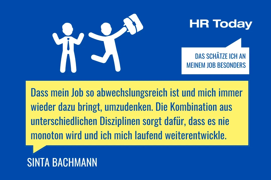 Eine Grafik auf blauem Hintergrund. Oben rechts steht in einer weissen Sprechblase: "MEIN SCHLÜSSEL ZU EINER GESUNDEN WORK/LIFE-BALANCE:". Daneben sind weisse Icons eines Aufzugs mit einer Person darin und einer Wendeltreppe abgebildet. In einer grossen gelben Sprechblase steht das Zitat: "Ich setze bewusst auf kleine Auszeiten im Alltag – sei es ein Spaziergang über Mittag oder die Treppe statt den Lift. Zusätzlich hilft mir regelmässiger Sport nach der Arbeit oder am Wochenende einen guten Ausgleich zu finden." Unten links steht SINTA BACHMANN.
