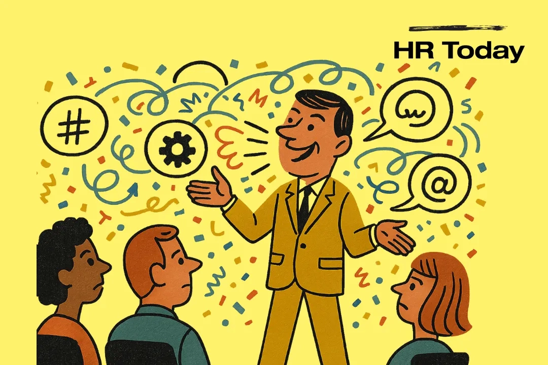 Meeting-Szene: euphorischer Vorgesetzter im gelben Anzug redet vor vier Mitarbeitenden; um ihn herum Konfetti, Schwünge und Symbolblasen; flache Illustration, «HR Today»-Logo.