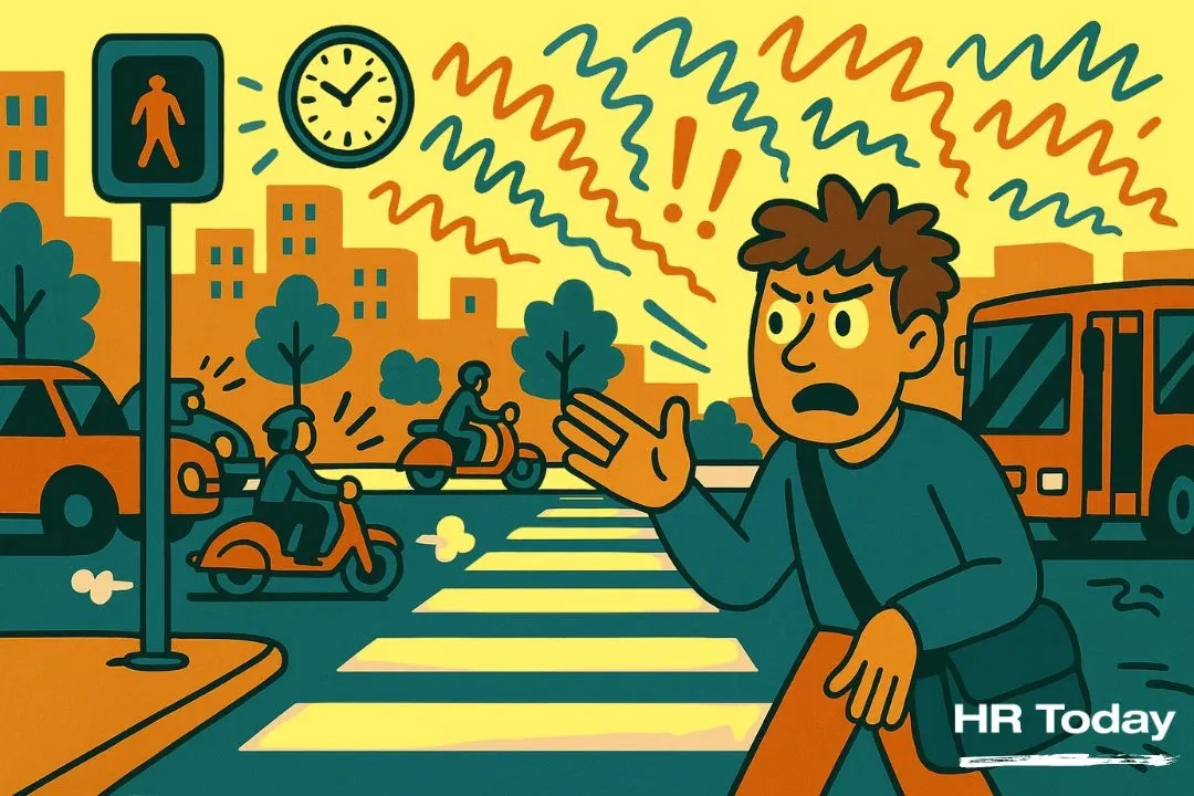 Flache, bunte Cartoon-Illustration im Stil von mid-century modern Kinderbüchern: Ein junger Mann mit braunen Haaren steht frustriert an einem Zebrastreifen und gestikuliert mit der Hand, während er auf grünes Licht wartet. Hinter ihm fahren Autos, Roller und ein Bus durch eine belebte Stadt mit stilisierten Bäumen und Gebäuden. Über ihm sind bunte, geschwungene Linien und Ausrufezeichen dargestellt, die den Lärm und das Chaos der Szene symbolisieren.