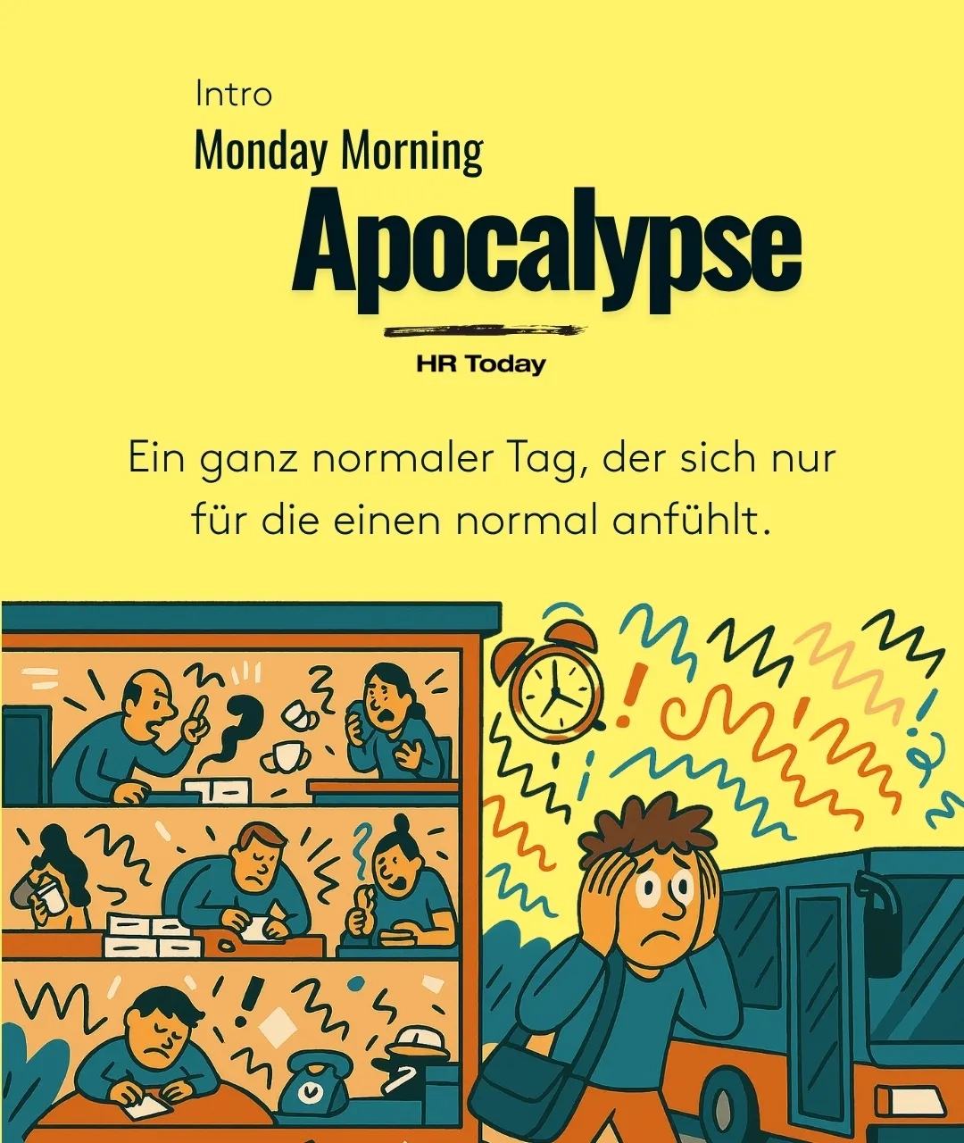 Intro-Bild für die Sommerserie. Eine Figur steigt aus dem Bus und ist bereits von Geräuschen übermannt. Daneben ein Bürogebäude im Querschnitt, darin allerlei Gewusel.