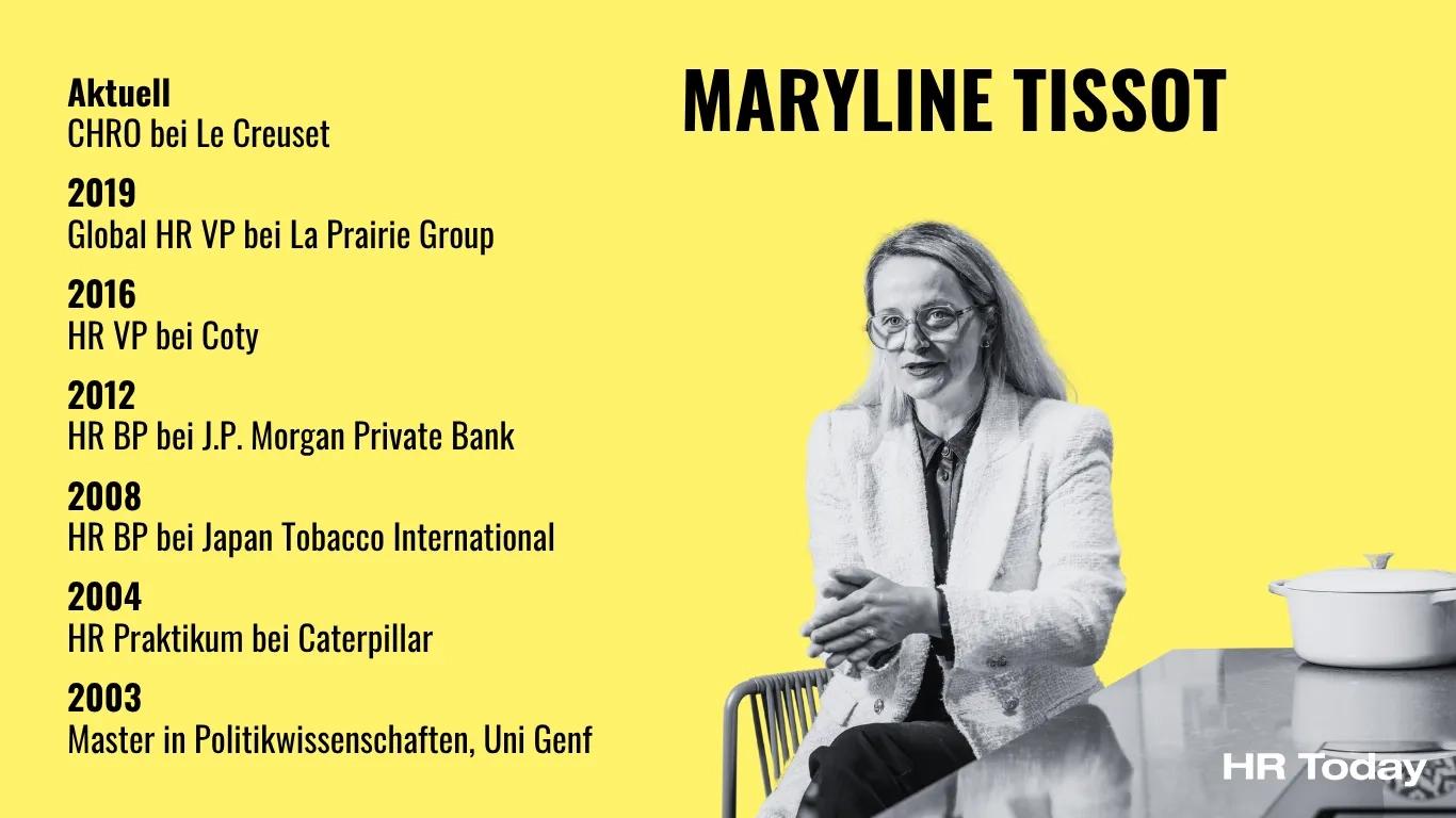Infografik auf gelbem Hintergrund mit dem Namen „MARYLINE TISSOT“ in großen schwarzen Großbuchstaben. Auf der linken Seite sind ihre Karrierestationen von 2003 bis heute aufgelistet (u. a. Aktuell: CHRO bei Le Creuset, 2019: Global HR VP bei La Prairie Group, 2016: HR VP bei Coty). Auf der rechten Seite sitzt eine Frau mit Brille und hellem Blazer im Schwarz-Weiß-Porträt an einem Tisch, auf dem rechts ein weißer Schmortopf steht. Unten rechts befindet sich das Logo von „HR Today“.