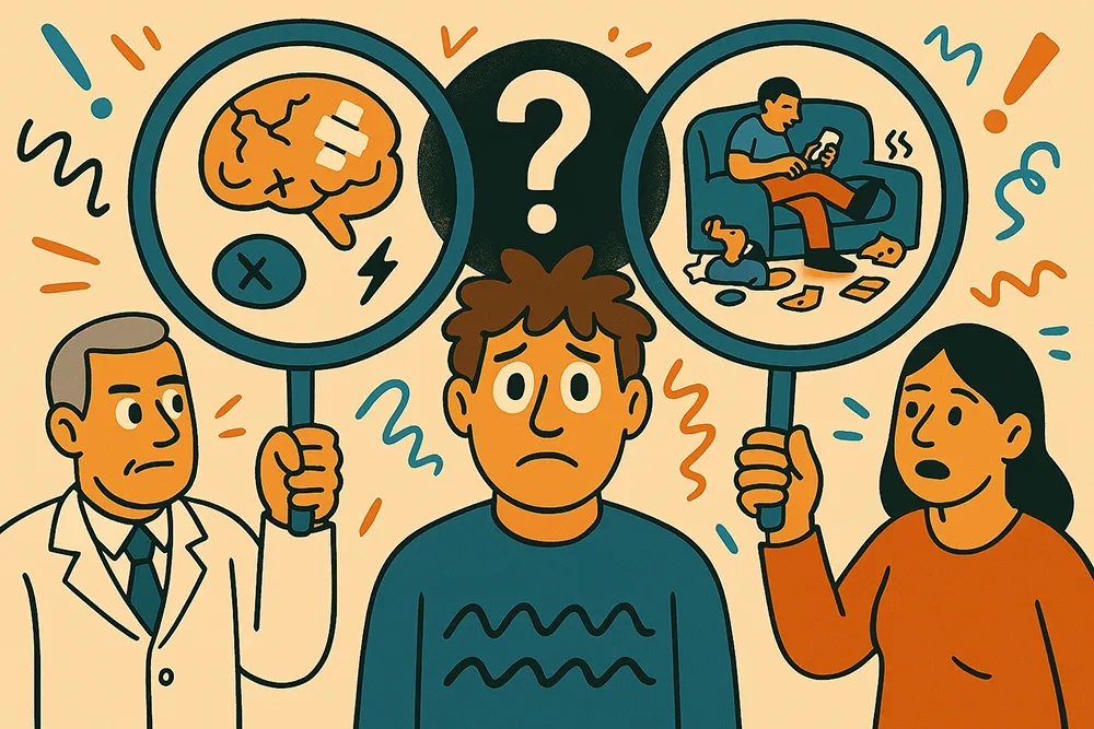 Comicartige Illustration im Querformat: In der Mitte steht eine Person mit braunen, zerzausten Haaren und neutral-besorgtem Gesichtsausdruck. Über dem Kopf überlappen sich zwei große Lupen wie ein Venn-Diagramm. Links hält ein Arzt in weißem Kittel eine Lupe, durch die ein beschädigtes Gehirn mit Pflastern und Symbolen für Fehlfunktion (z. B. Blitz, X-Zeichen) zu sehen ist – eine Darstellung der medizinisch-defizitorientierten Sichtweise auf ADHS. Rechts hält eine Frau in Alltagskleidung eine Lupe, in der ein faul wirkender Mensch auf einem Sofa gezeigt wird – umgeben von Müll, abgelenkt vom Handy – als Symbol der moralischen Abwertung (Faulheit, Desinteresse). Im überlappenden Bereich der Lupen ist ein schwarzer Kreis mit einem großen weißen Fragezeichen – dieser steht für die fehlende Perspektive der betroffenen Person selbst. Um die Figuren herum schweben bunte, chaotische Linien und Ausrufezeichen, die Unruhe und Interpretationsvielfalt unterstreichen. Der Stil ist comicartig, reduziert, leicht übertrieben und emotional zugespitzt.