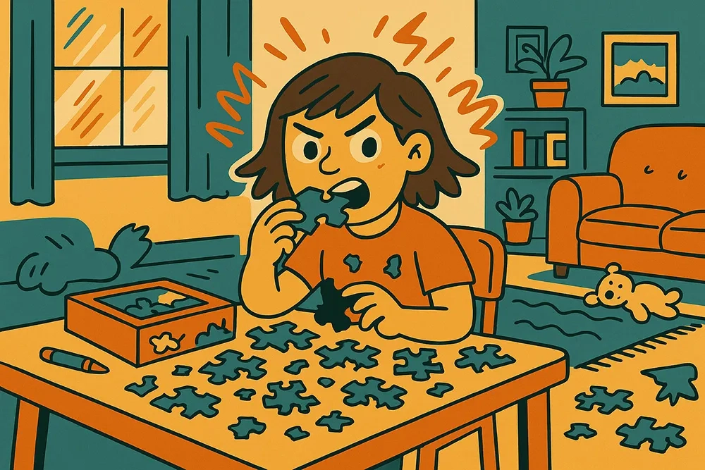 Illustration im flachen, mid-century-modern-Stil mit klaren Linien und warmen Farben: Ein Mädchen sitzt an einem Tisch, beißt frustriert und rebellisch in ein Puzzleteil, mehrere Teile haben abgebissene Ecken.