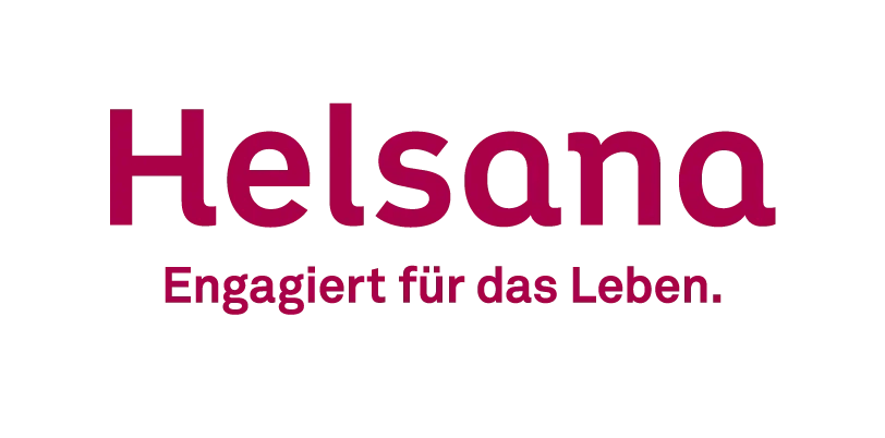 Logo von Helsana: Der Unternehmensname «Helsana» in dunkelrosa Fettschrift, darunter der Claim «Engagiert für das Leben.» in kleinerer Schrift, beides auf weissem Hintergrund.
