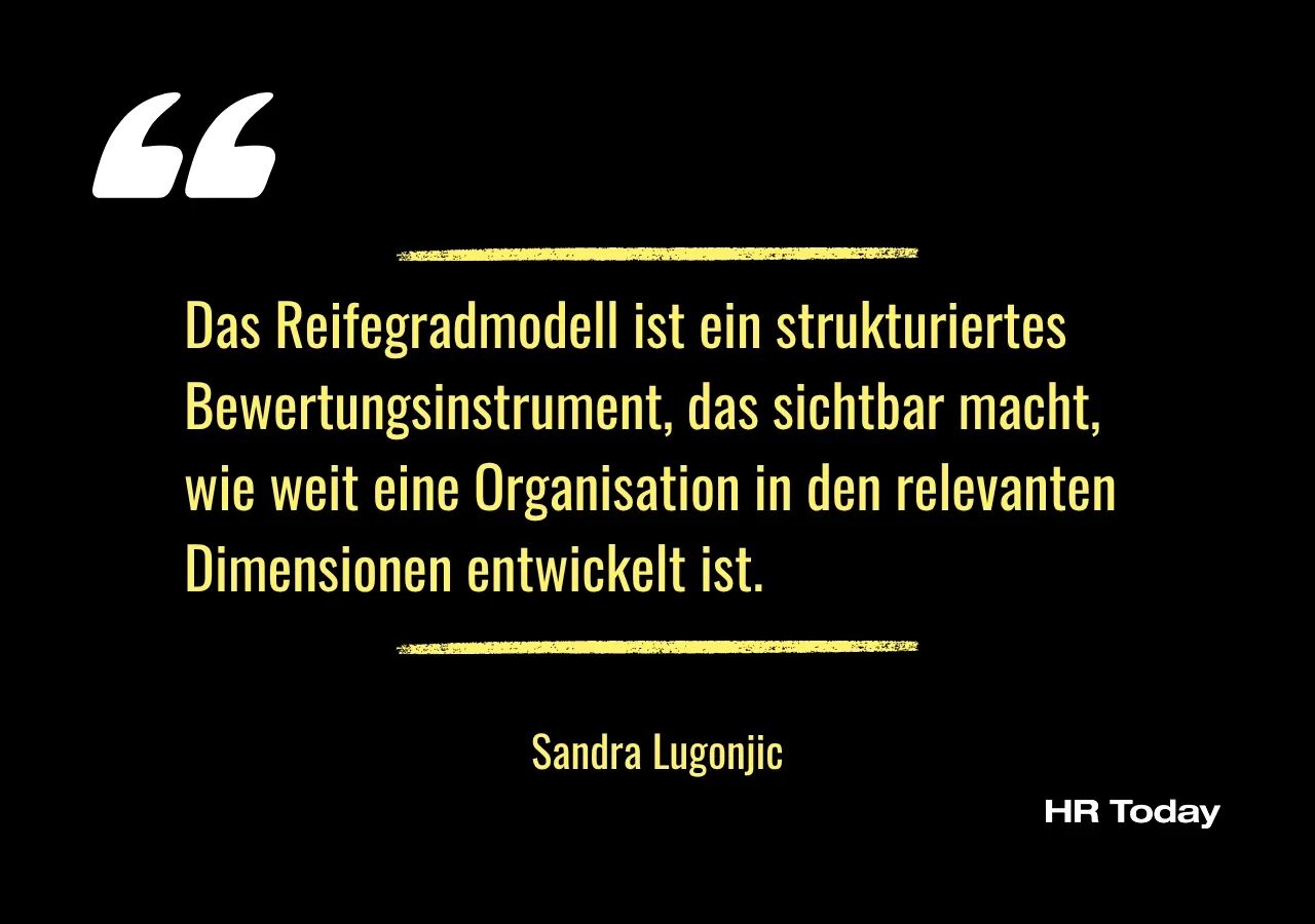 Zitat Sandra Lugonjic: Das Reifegradmodell ist ein strukturiertes Bewertungsinstrument, das sichtbar macht, wie weit eine Organisation in den relevanten Dimensionen entwickelt ist.
