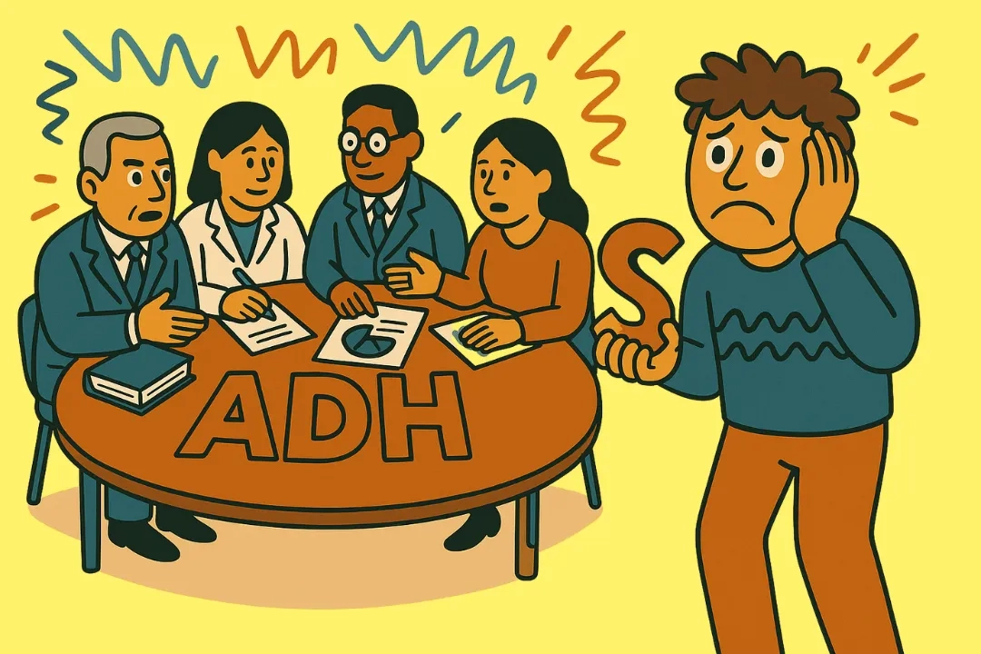 Comicartige Illustration eines runden Tisches mit der Aufschrift „ADH“. Um den Tisch sitzen Forschende aus verschiedenen Disziplinen und diskutieren. Abseits des Tisches steht eine frustrierte Person, die ein einzelnes „S“ in der Hand hält – das fehlende Puzzleteil, um „ADH“ zu „ADHS“ zu ergänzen. Die Szene symbolisiert, dass die Perspektive von Betroffenen Teil der interdisziplinären Forschung sein muss.