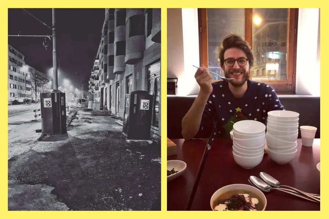 Zweiteiliges Bild mit gelbem Rahmen. Links: Schwarz-Weiss-Nachtfotografie einer Zürcher Strasse. Im Vordergrund stehen mehrere Toi-Toi-Mobiltoiletten auf aufgerissenem Pflaster, im Hintergrund Wohnblöcke und Strassenlaternen. Rechts: Farbfoto des Autors Robin, der mit Brille, dunklem Pullover mit weissen Punkten und zurückgebundenem Haar an einem Restauranttisch sitzt. Er hält lächelnd einen Löffel in die Kamera, vor ihm ein Stapel weisser Schüsseln und eine Suppe.
