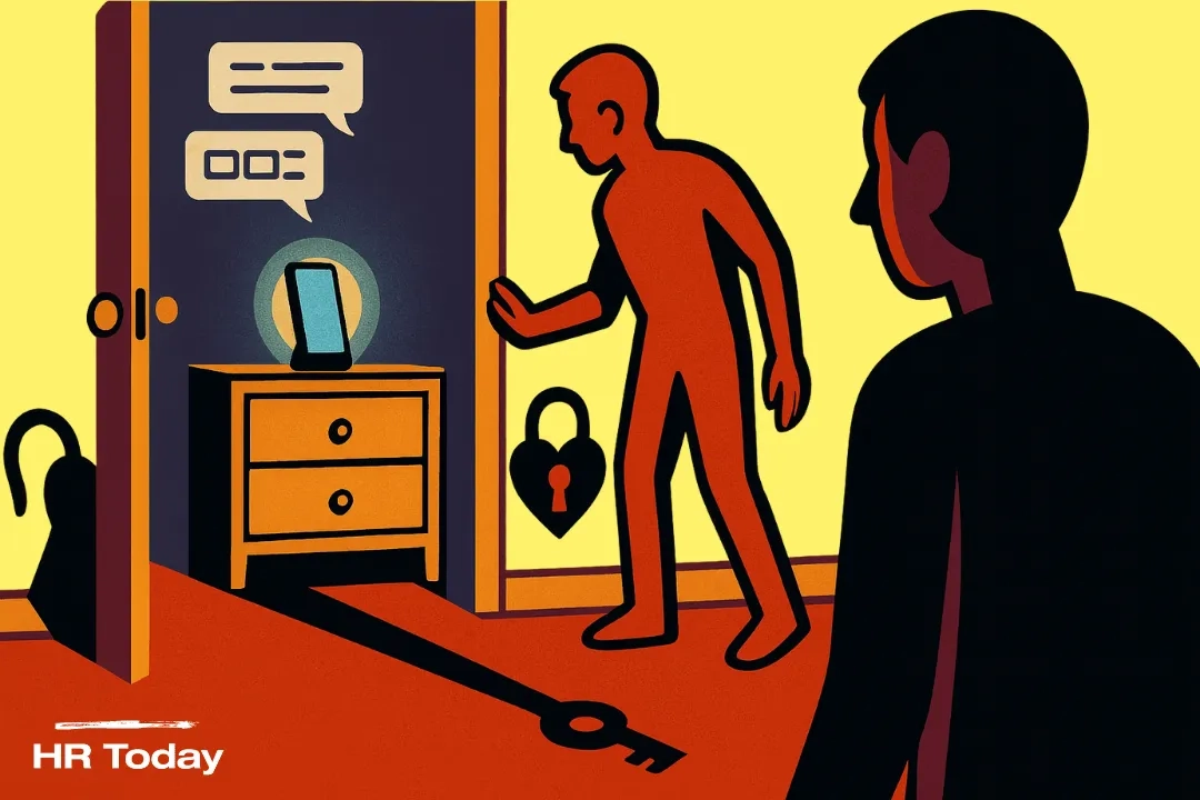 Zwei geschlechtsneutrale Figuren in einem Flur; eine steht an einer offenen Tür und blickt auf eine Kommode mit einem leuchtenden Smartphone. Über dem Telefon schweben leere Chatblasen. Der lange Schatten der Figur verwandelt sich in einen Schlüssel, der auf ein herzförmiges Vorhängeschloss an der Wand zeigt.