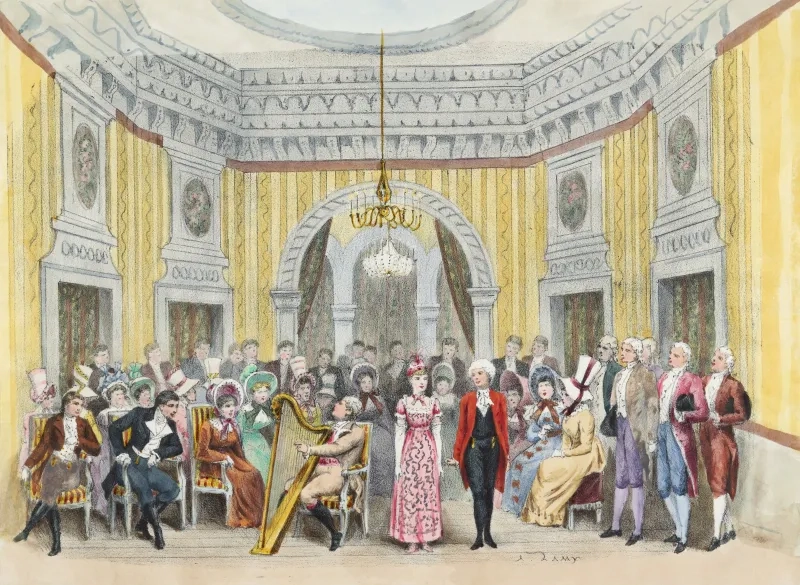 Eine historische Illustration von Pierre-Auguste Lamy aus dem Jahr 1881, die eine Szene aus dem zweiten Akt der Premiere von Jacques Offenbachs Oper «Hoffmanns Erzählungen» zeigt. In einem eleganten, klassizistischen Salon mit gelb gestreiften Tapeten, Rundbögen und einem zentralen Kronleuchter hat sich eine große Gesellschaft in festlicher historischer Kleidung versammelt. In der Mitte des Raumes steht die Figur der Olympia in einem rosafarbenen, gemusterten Kleid. Links neben ihr sitzt ein Mann, der eine große goldene Harfe spielt, während rechts von ihr ein Mann in einem markanten roten Frack steht. Das Publikum, darunter viele Frauen mit opulenten Hüten, sitzt und steht um das Geschehen herum und schaut aufmerksam zu.