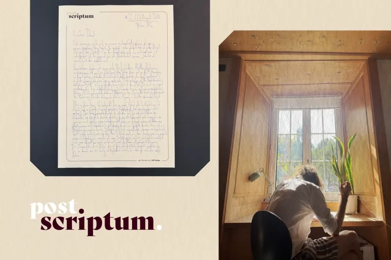 Collage des Projekts "post. scriptum". Auf der linken Seite ist ein vollständiger, handgeschriebener Brief abgebildet. Rechts sitzt eine Person schreibend an einem Schreibtisch mit Blick aus einem sonnigen Holzfenster.