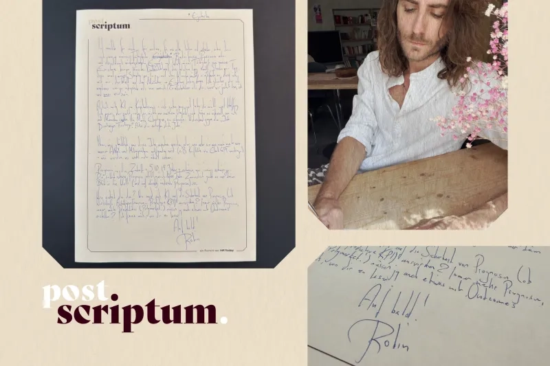 Collage des Projekts "post. scriptum". Neben der Ansicht eines handgeschriebenen Briefes sieht man einen Mann mit langen Haaren beim Schreiben an einem Holztisch sowie eine detaillierte Nahaufnahme seiner Unterschrift "Robin".