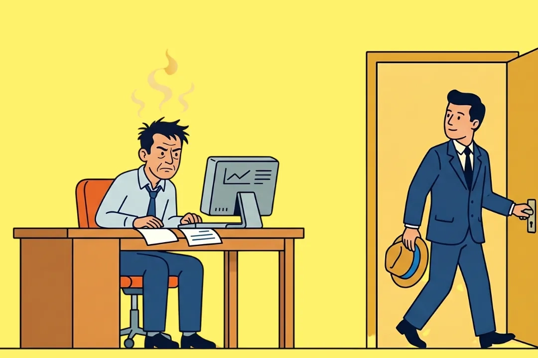Flache Cartoon-Illustration auf gelbem Hintergrund: Ein sichtlich verärgerter Mitarbeiter sitzt mit wütender Miene und Dampf über dem Kopf an seinem Schreibtisch, während im Hintergrund eine lächelnde Person mit Hut in der Hand durch eine Tür eintritt — oder das Büro verlässt.