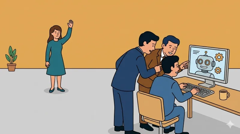 Illustration einer Büroszene. Auf der rechten Seite scharen sich drei Männer begeistert um einen Computer, auf dessen Bildschirm ein lächelnder Roboter und Zahnräder zu sehen sind. Im Hintergrund auf der linken Seite wendet sich eine Frau mit verärgertem oder traurigem Gesichtsausdruck ab und geht mit erhobener Hand davon.