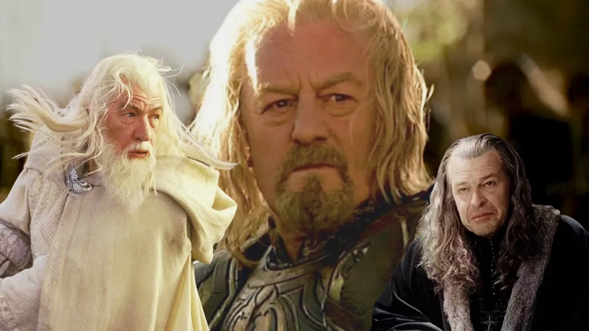 Eine Fotocollage, die drei Schlüsselfiguren aus der Filmtrilogie "Der Herr der Ringe" zeigt. Im Zentrum und am größten ist ein Porträt von König Théoden von Rohan in goldener Rüstung, mit langem, blondem Haar und Bart und einem ernsten, besorgten Gesichtsausdruck. Links flankiert ihn ein kleineres Porträt von Gandalf dem Weißen mit wildem weißen Haar, Bart und weißer Robe, der nach rechts blickt. Rechts ist ein kleineres Porträt von Denethor II., Truchsess von Gondor, mit nachdenklichem, gesenktem Blick und langem grau-braunem Haar in einem dunklen Gewand mit Pelzbesatz. Die Figuren sind vor einem unscharfen, goldenen Hintergrund angeordnet.